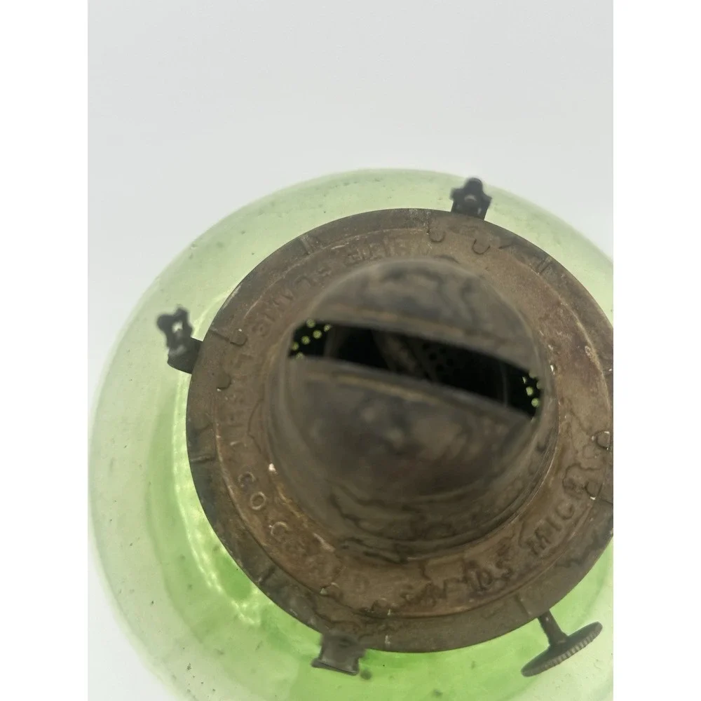Antique Uranium Glass Depression Glass Oil Lamp W/Wedding Scroll Pattern 20